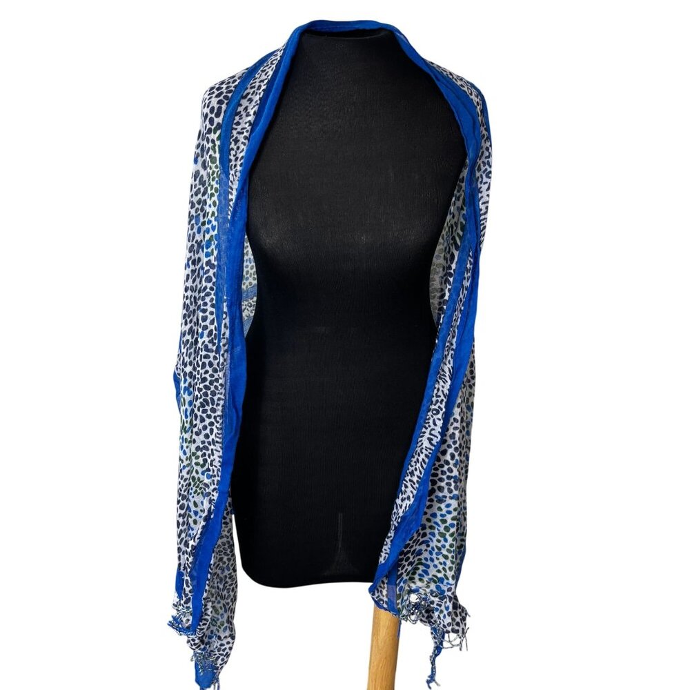 Lightweight Blue & Green Animal Print Sheer Scarf/Shawl With Fringe